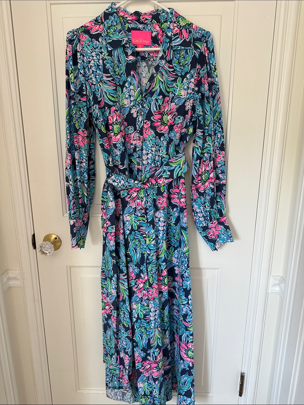 Lilly Pulitzer Navy Floral Maxi Wrap Dress with Pink & Aqua Accents, Size 10